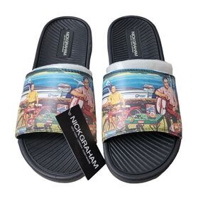 Nick Graham Dane Happy Men's Slide Sandals Size 8 Beach Print Father Day Deal